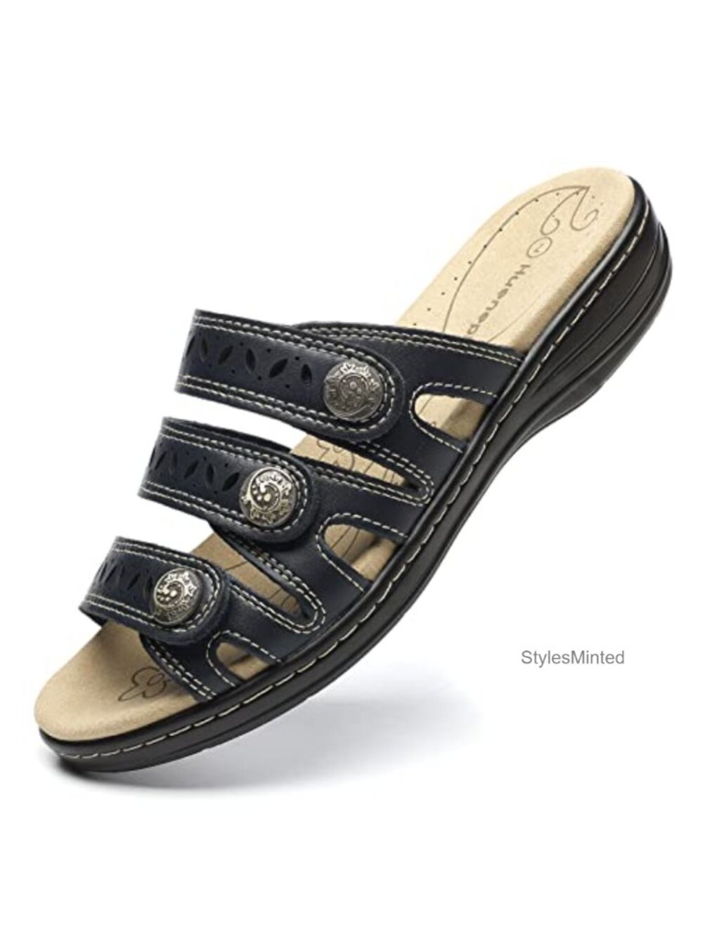 Women's Comfort Leather Slides Lightweight Flat Sandals Cute Slip On Casual